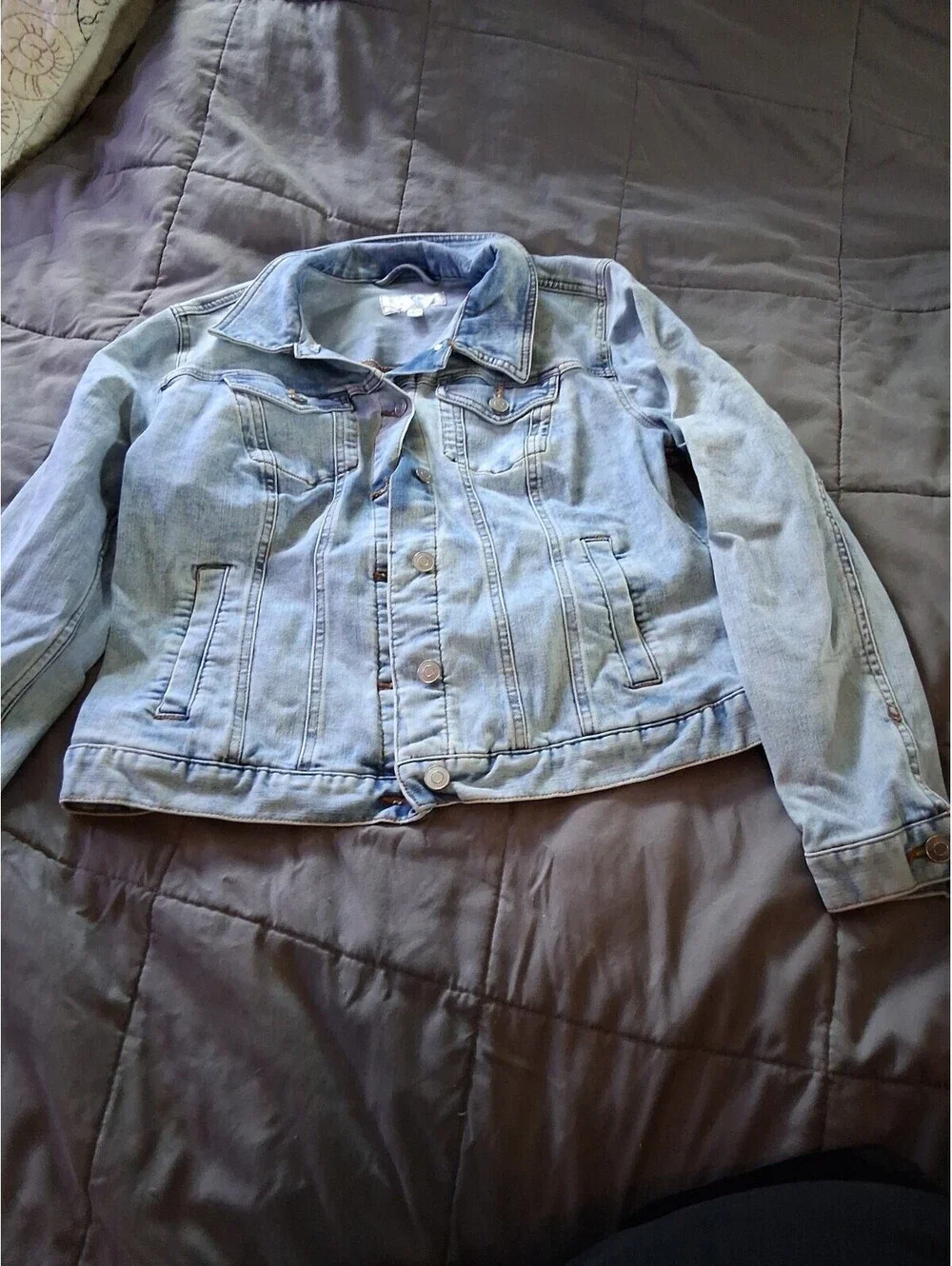 Time And Tru Blue Denim Trucker Jean Jacket Womens Size Large E2 Stretch Casual